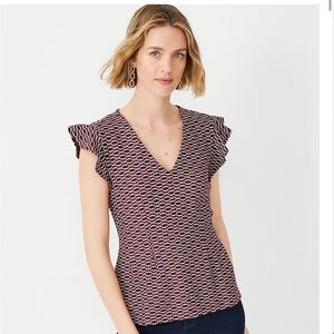 Ann Taylor Chain Print Ruffle Sleeve Zip Back Top